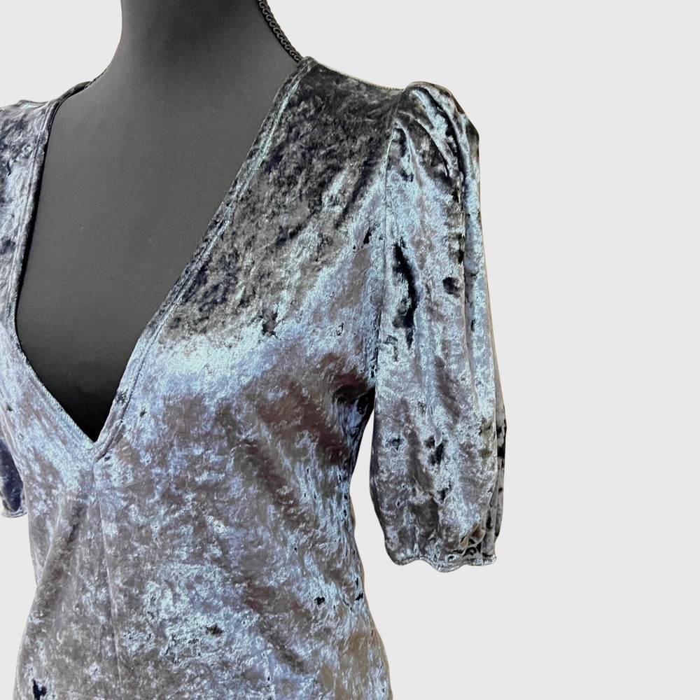 Free People Crushed Velvet Puff Sleeve Deep V Bodysuit Gray/Blue Sz S Whimsigoth